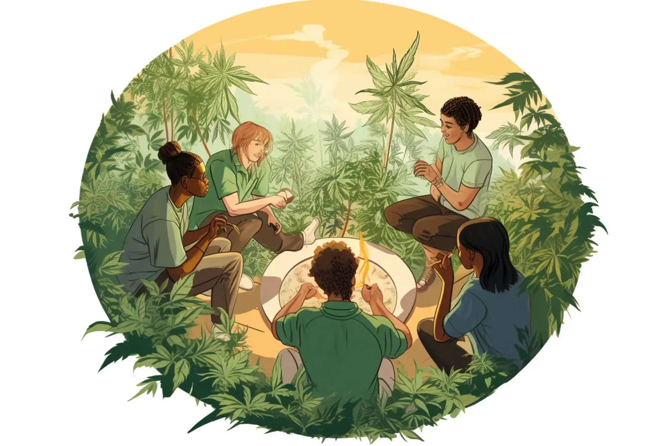 Cannabis-Zigaretten werden von einer Gruppe von Menschen im Kreis geteilt Menschen kommen in einem Cannabis Social Club in Göttingen zusammen, wo ein Kreis aus Marihuanablättern als Dekoration dient.
