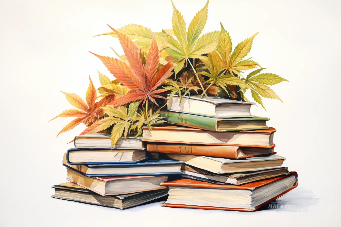 Eine pastellfarbene Darstellung von Büchern und Cannabisblättern Ein Haufen Bücher ist mit einigen Cannabisblättern verziert, die darauf liegen.