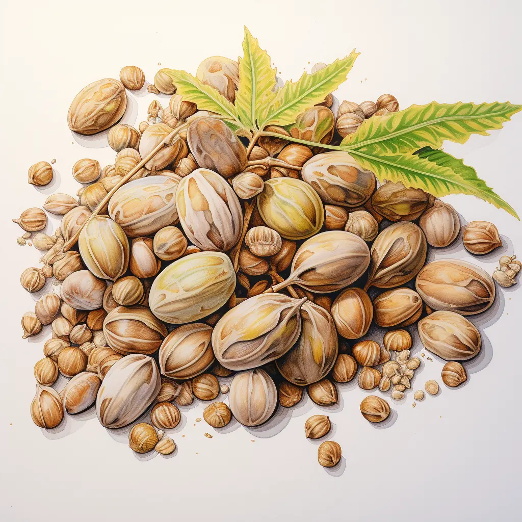 Eine halbrealistische Zeichnung von Cannabis-Samen in Pastellfarben: Was sie aussagen will Viele Marihuana-Samen auf einem lichtdurchlässigen Untergrund