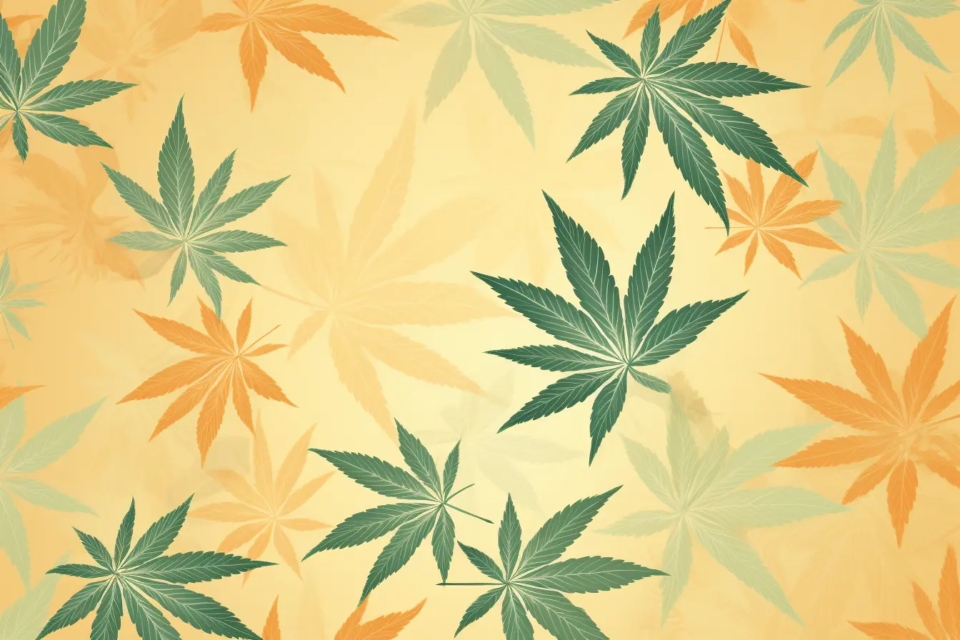 Cannabis Social Club in Göttingen: Angenehme Atmosphäre mit schlichten Cannabisblättern Ein Dekor aus Cannabisblättern auf einem beigen Hintergrund, erschaffen für einen Cannabis Social Club in Göttingen